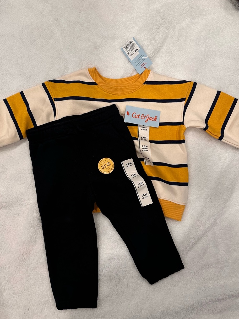 Cat & Jack Black Pants with Yellow and navy Striped sweatshirt